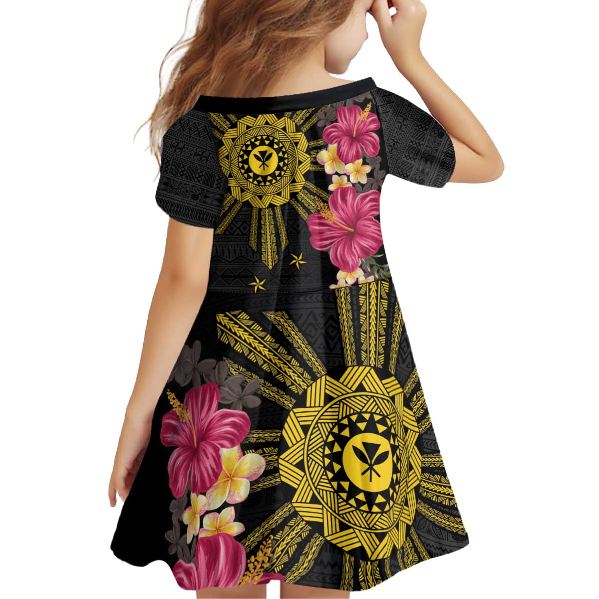 Hawaii and Philippines Together Family Matching Off Shoulder Short Dress and Hawaiian Shirt Hibiscus Flower and Sun Badge Polynesian Pattern Coloful LT03 - Polynesian Pride