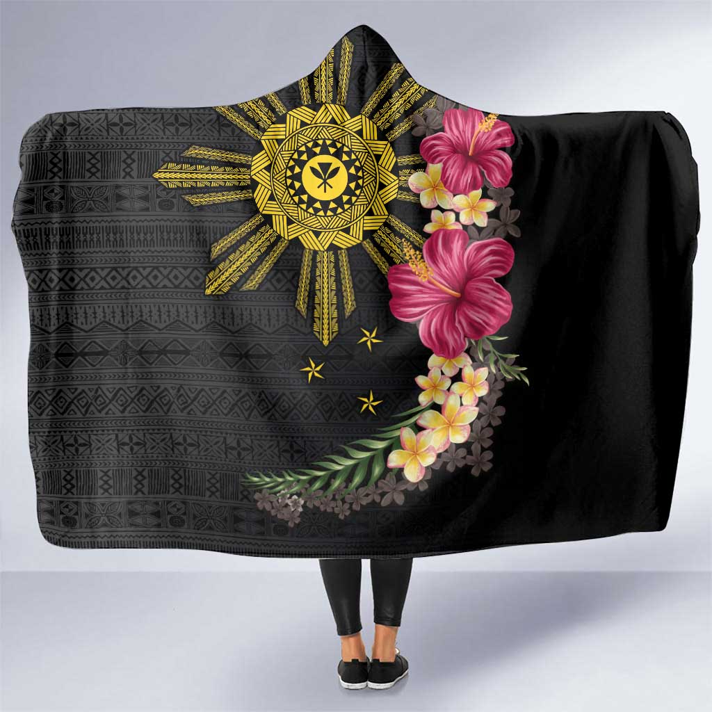 Hawaii and Philippines Together Hooded Blanket Hibiscus Flower and Sun Badge Polynesian Pattern Coloful LT03 One Size Black - Polynesian Pride