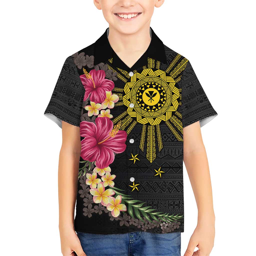 Hawaii and Philippines Together Kid Hawaiian Shirt Hibiscus Flower and Sun Badge Polynesian Pattern Coloful LT03 Kid Black - Polynesian Pride
