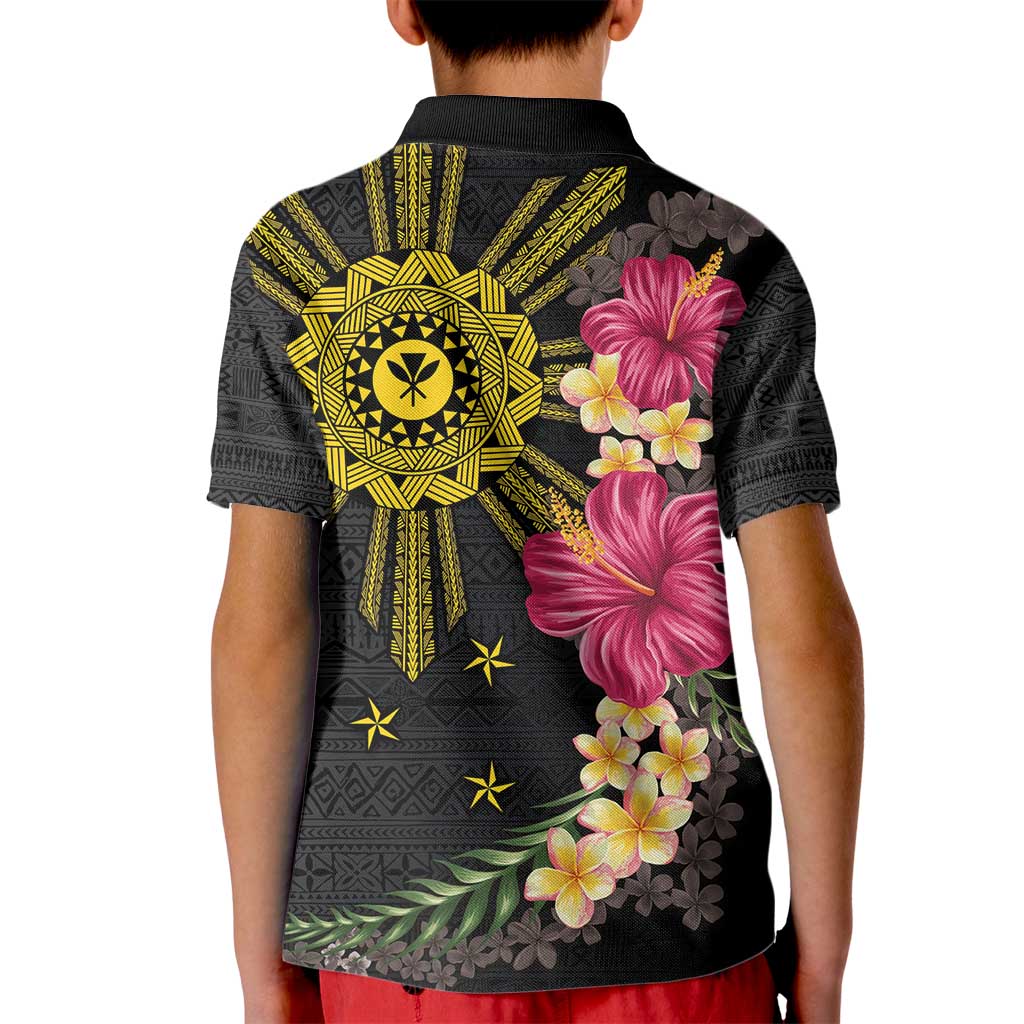 Hawaii and Philippines Together Kid Polo Shirt Hibiscus Flower and Sun Badge Polynesian Pattern Coloful