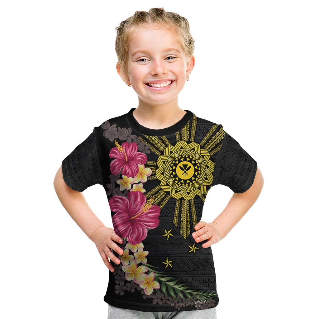 Hawaii and Philippines Together Kid T Shirt Hibiscus Flower and Sun Badge Polynesian Pattern Coloful