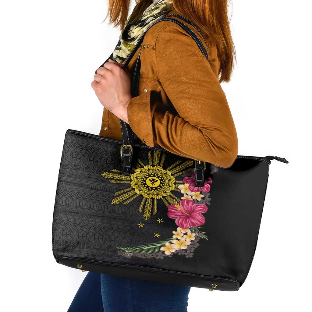 Hawaii and Philippines Together Leather Tote Bag Hibiscus Flower and Sun Badge Polynesian Pattern Coloful LT03 Black - Polynesian Pride