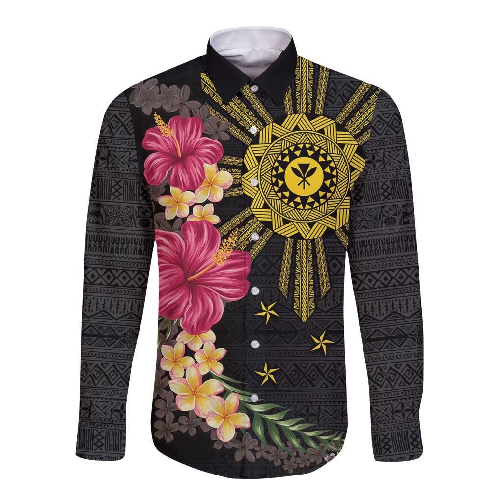 Hawaii and Philippines Together Long Sleeve Button Shirt Hibiscus Flower and Sun Badge Polynesian Pattern Coloful LT03 Unisex Black - Polynesian Pride