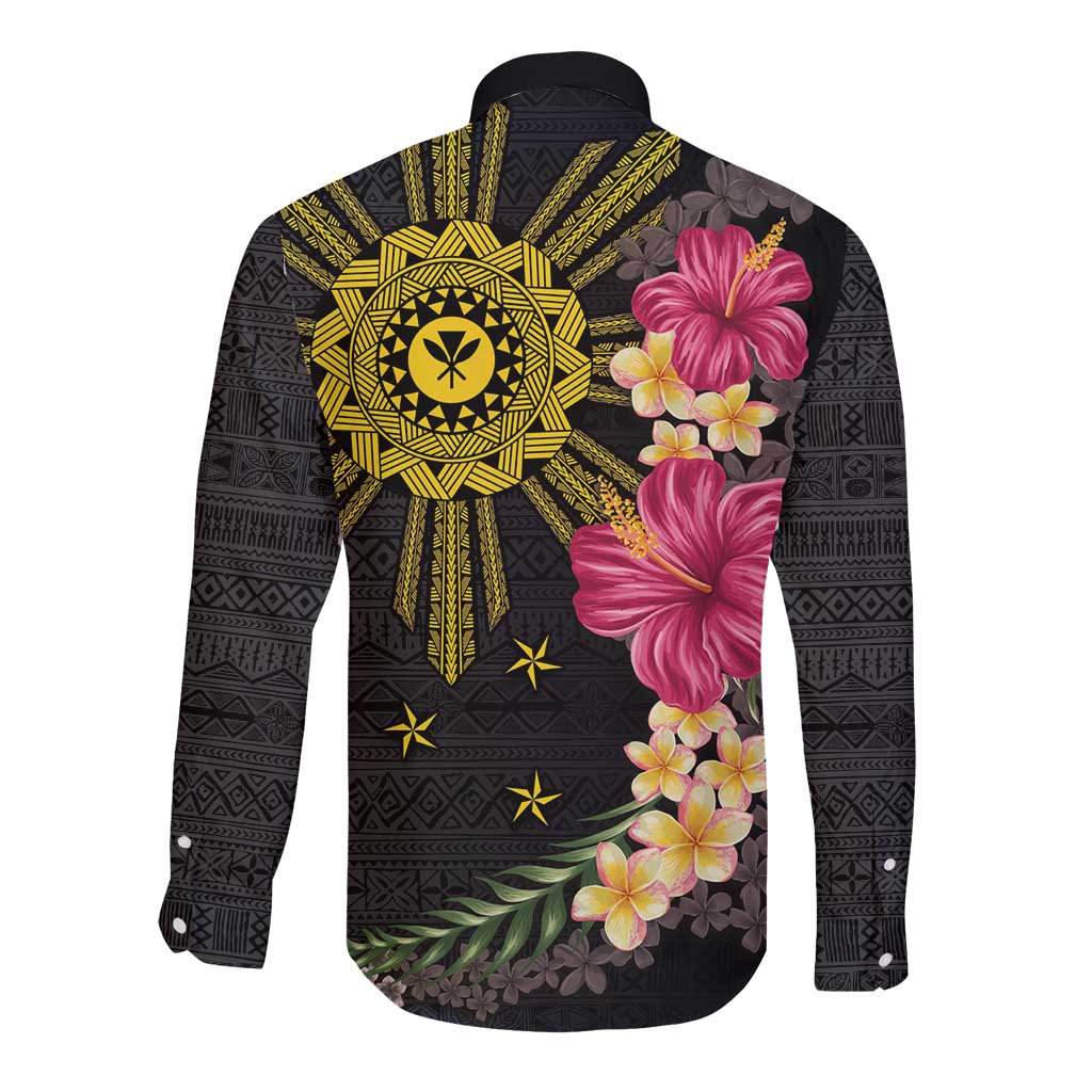 Hawaii and Philippines Together Long Sleeve Button Shirt Hibiscus Flower and Sun Badge Polynesian Pattern Coloful LT03 - Polynesian Pride