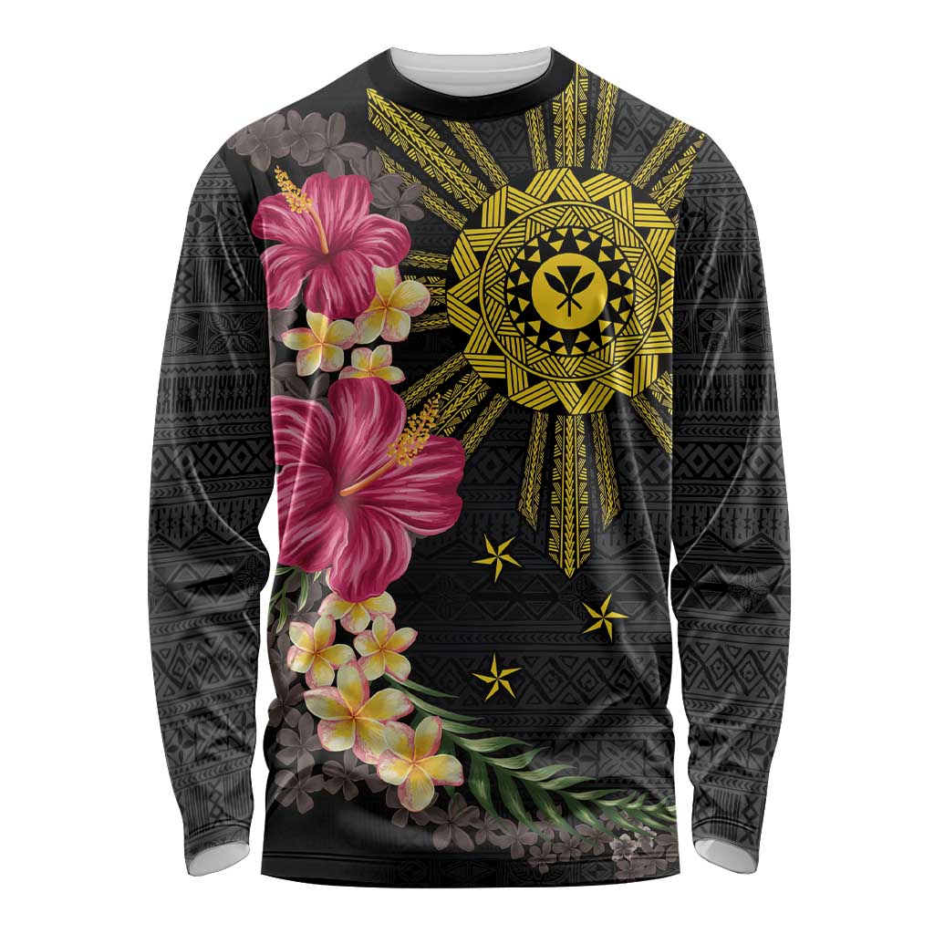 Hawaii and Philippines Together Long Sleeve Shirt Hibiscus Flower and Sun Badge Polynesian Pattern Coloful LT03 Unisex Black - Polynesian Pride