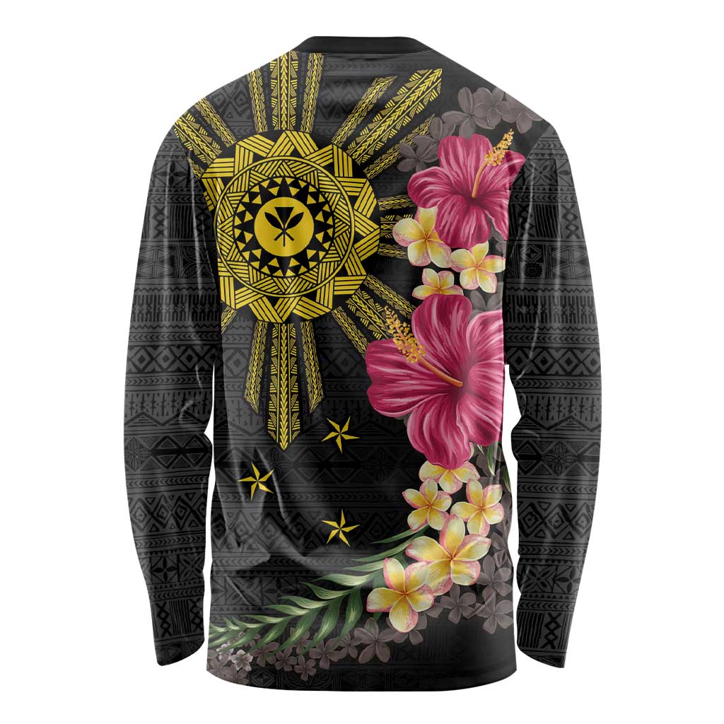 Hawaii and Philippines Together Long Sleeve Shirt Hibiscus Flower and Sun Badge Polynesian Pattern Coloful LT03 - Polynesian Pride