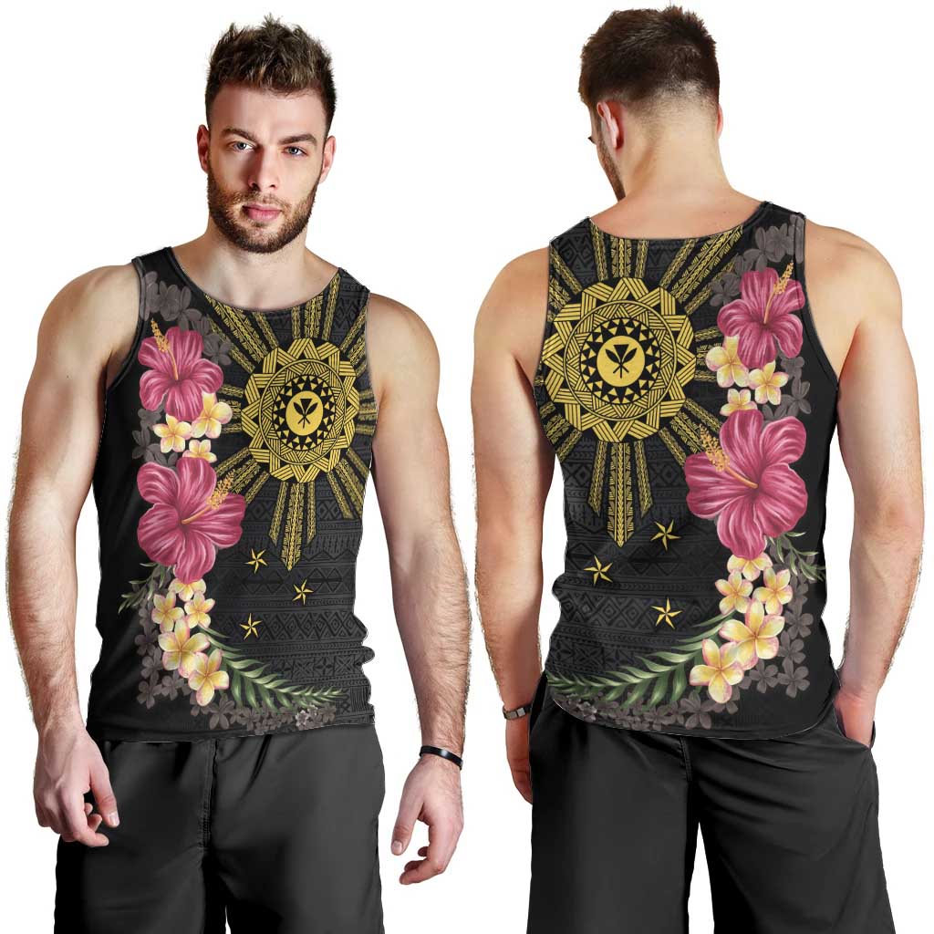 Hawaii and Philippines Together Men Tank Top Hibiscus Flower and Sun Badge Polynesian Pattern Coloful