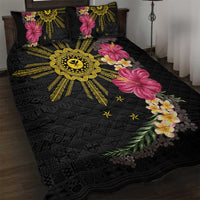 Hawaii and Philippines Together Quilt Bed Set Hibiscus Flower and Sun Badge Polynesian Pattern Coloful LT03 Black - Polynesian Pride