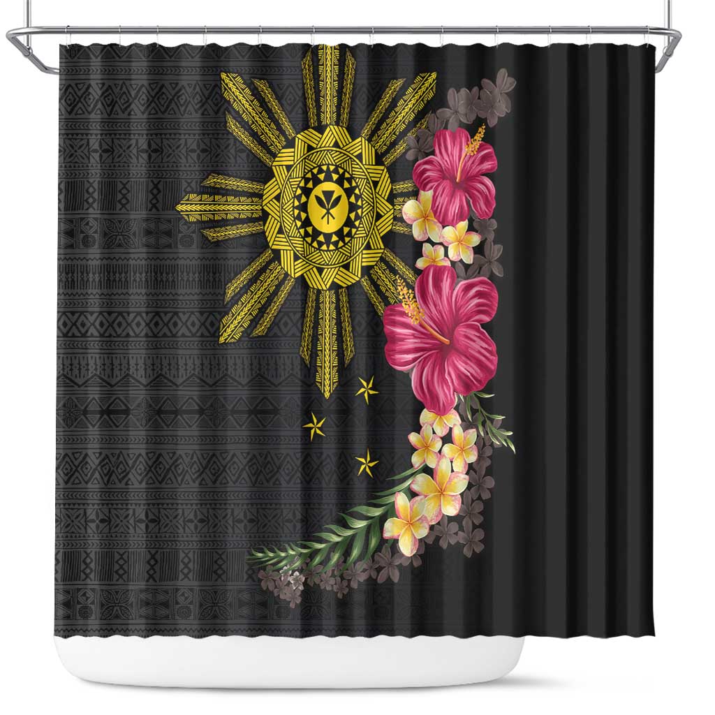 Hawaii and Philippines Together Shower Curtain Hibiscus Flower and Sun Badge Polynesian Pattern Coloful LT03 Black - Polynesian Pride