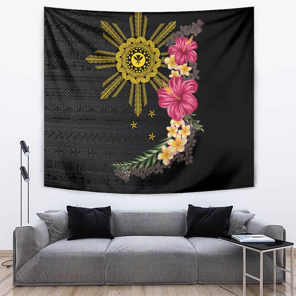 Hawaii and Philippines Together Tapestry Hibiscus Flower and Sun Badge Polynesian Pattern Coloful LT03 Black - Polynesian Pride