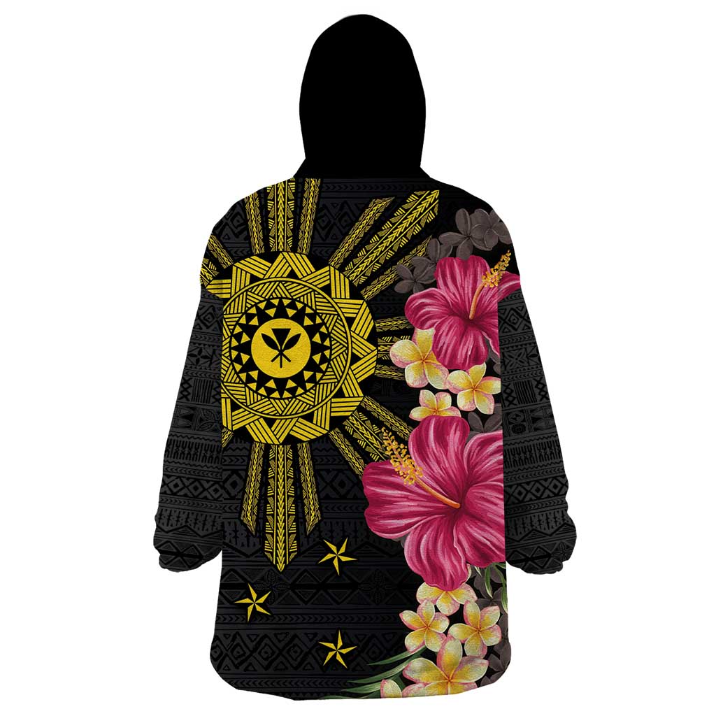 Hawaii and Philippines Together Wearable Blanket Hoodie Hibiscus Flower and Sun Badge Polynesian Pattern Coloful