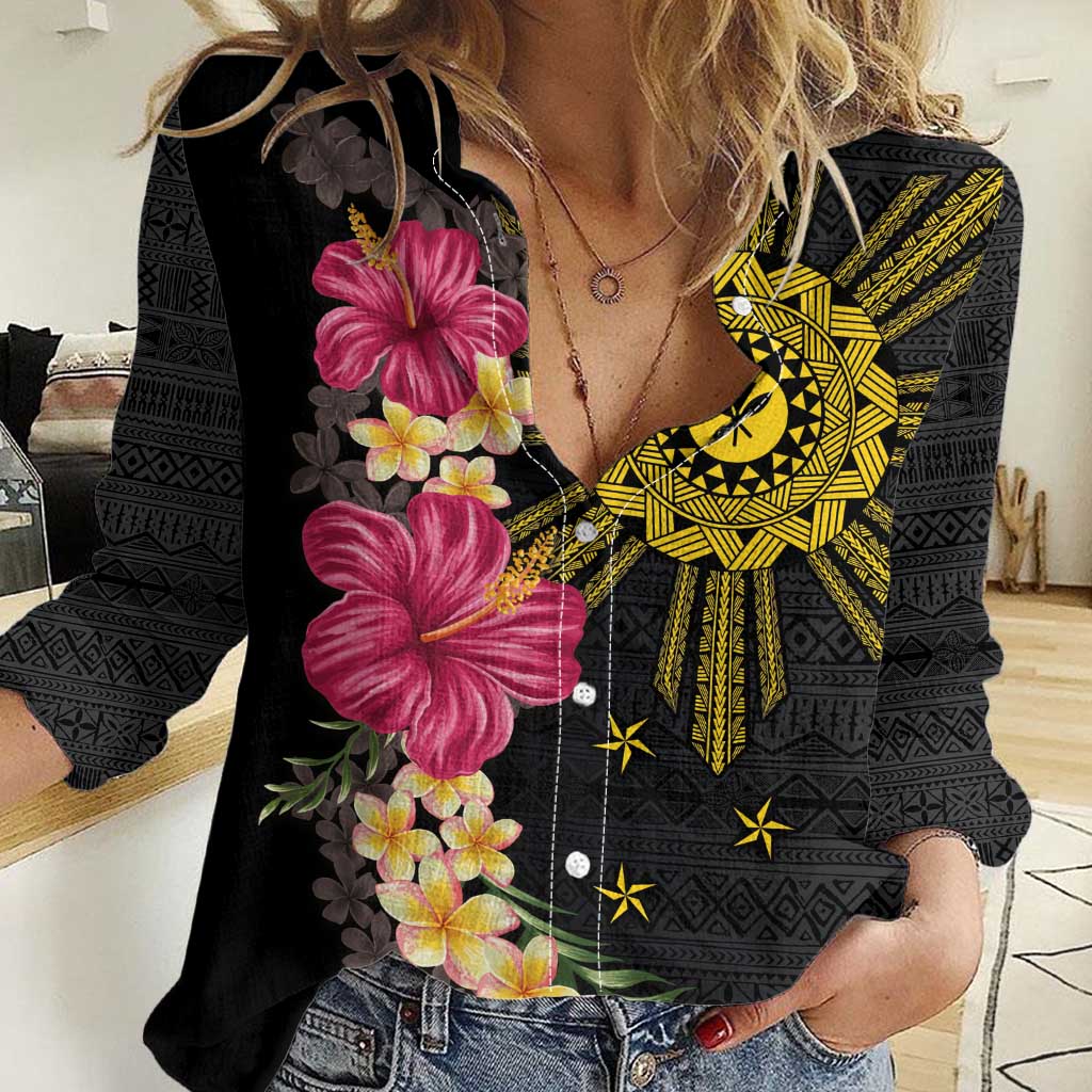 Hawaii and Philippines Together Women Casual Shirt Hibiscus Flower and Sun Badge Polynesian Pattern Coloful