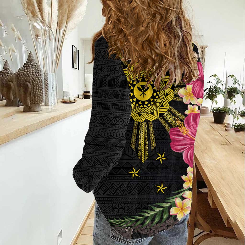Hawaii and Philippines Together Women Casual Shirt Hibiscus Flower and Sun Badge Polynesian Pattern Coloful