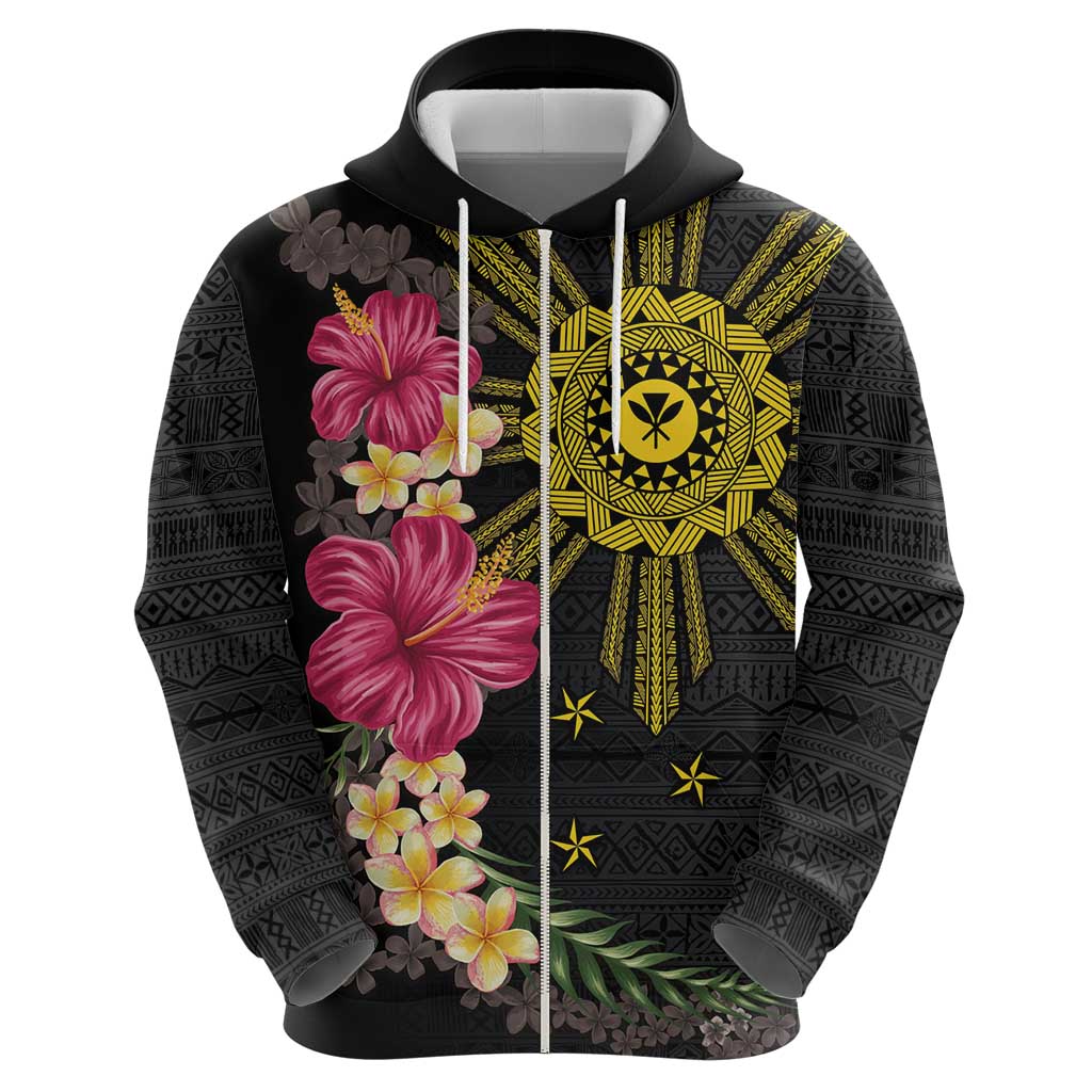 Hawaii and Philippines Together Zip Hoodie Hibiscus Flower and Sun Badge Polynesian Pattern Coloful