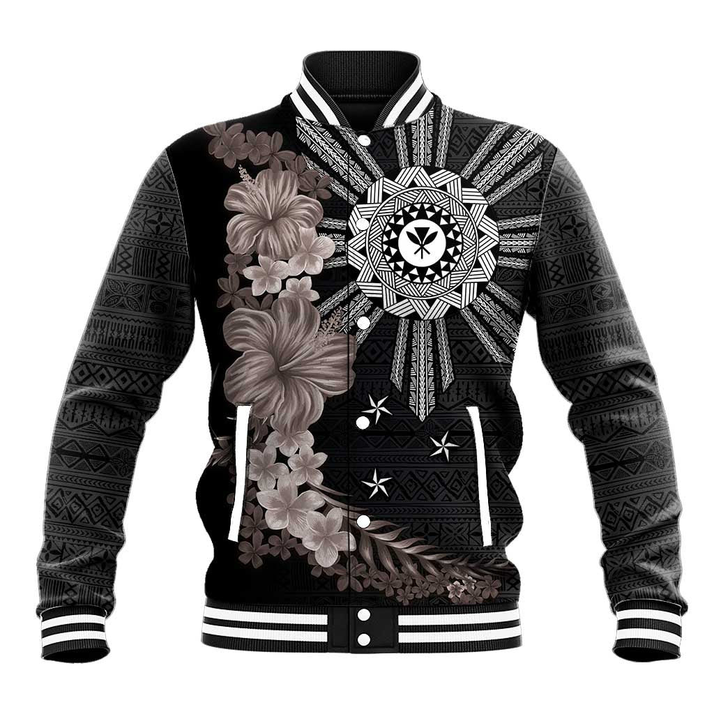 Hawaii and Philippines Together Baseball Jacket Hibiscus Flower and Sun Badge Polynesian Pattern Grayscale LT03 Unisex Black - Polynesian Pride