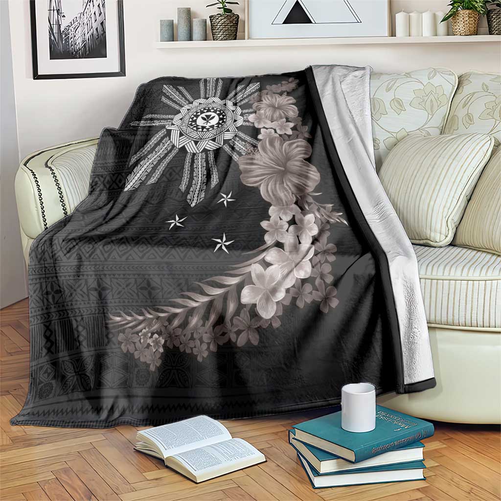 Hawaii and Philippines Together Blanket Hibiscus Flower and Sun Badge Polynesian Pattern Grayscale LT03 Black - Polynesian Pride