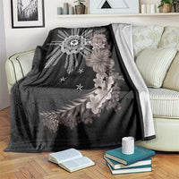 Hawaii and Philippines Together Blanket Hibiscus Flower and Sun Badge Polynesian Pattern Grayscale
