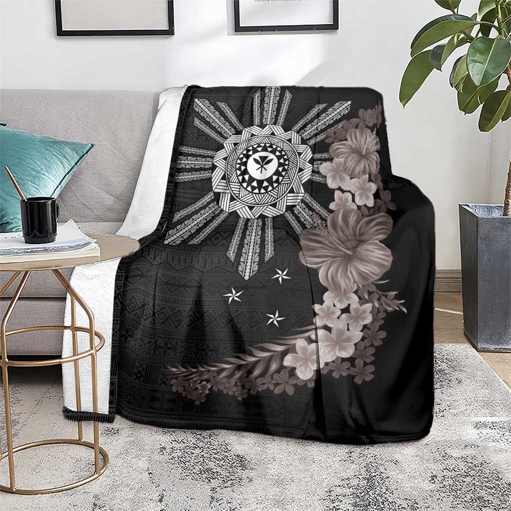 Hawaii and Philippines Together Blanket Hibiscus Flower and Sun Badge Polynesian Pattern Grayscale