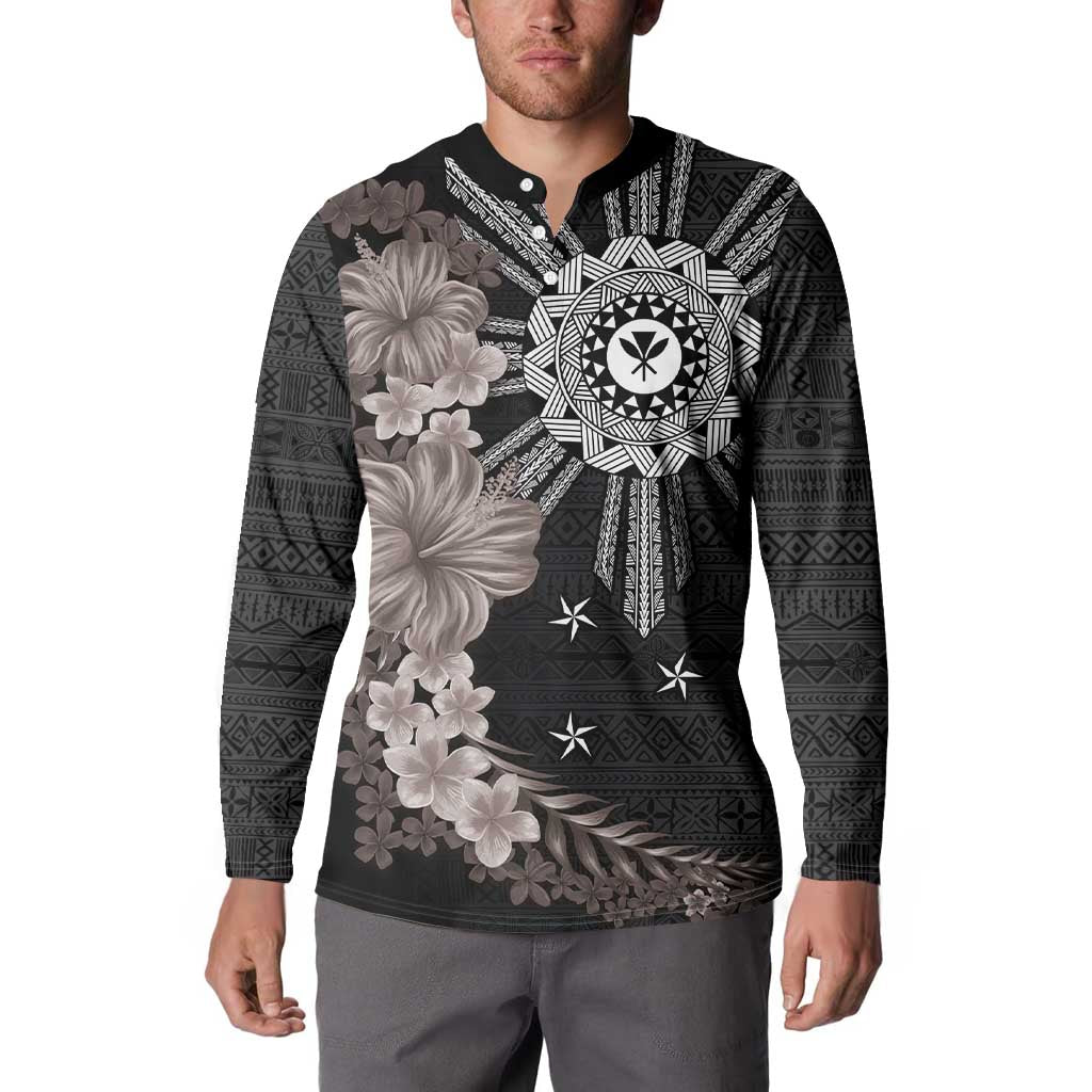 Hawaii and Philippines Together Button Sweatshirt Hibiscus Flower and Sun Badge Polynesian Pattern Grayscale