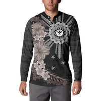 Hawaii and Philippines Together Button Sweatshirt Hibiscus Flower and Sun Badge Polynesian Pattern Grayscale