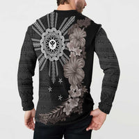 Hawaii and Philippines Together Button Sweatshirt Hibiscus Flower and Sun Badge Polynesian Pattern Grayscale