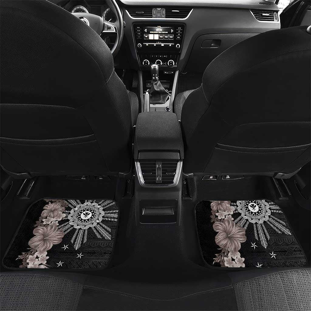 Hawaii and Philippines Together Car Mats Hibiscus Flower and Sun Badge Polynesian Pattern Grayscale
