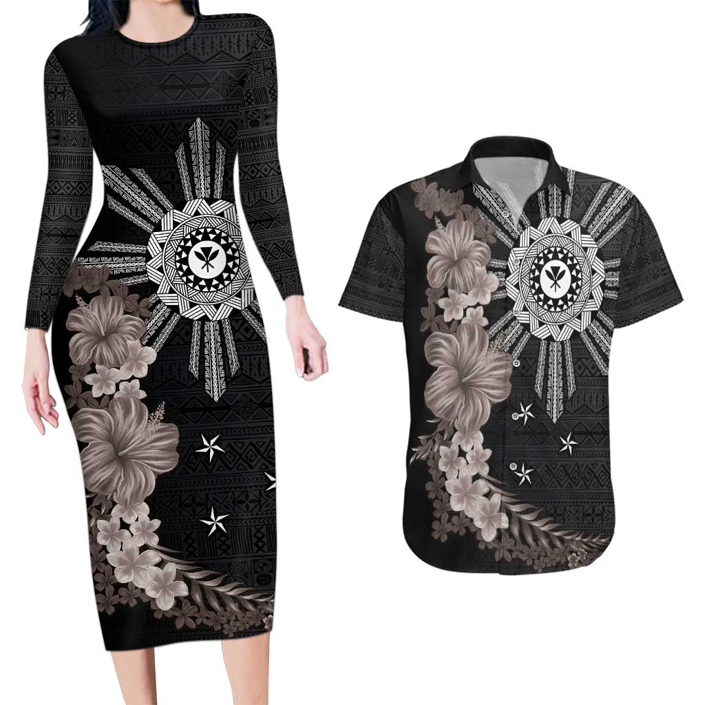 Hawaii and Philippines Together Couples Matching Long Sleeve Bodycon Dress and Hawaiian Shirt Hibiscus Flower and Sun Badge Polynesian Pattern Grayscale LT03 Black - Polynesian Pride