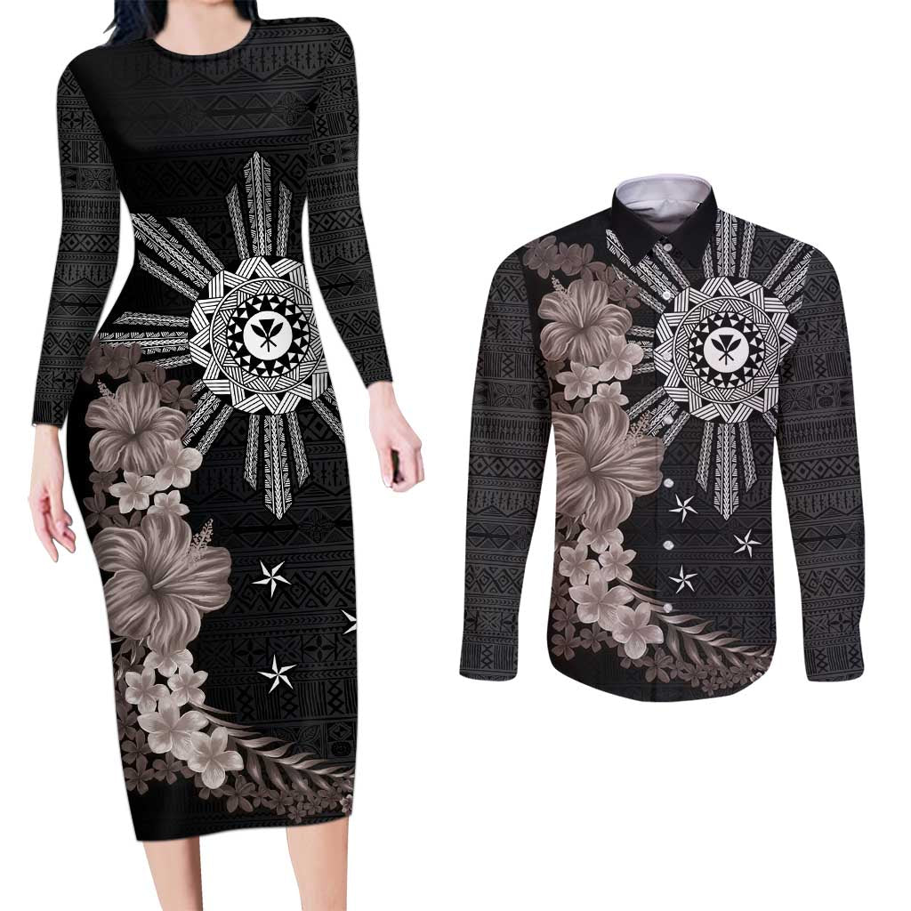 Hawaii and Philippines Together Couples Matching Long Sleeve Bodycon Dress and Long Sleeve Button Shirt Hibiscus Flower and Sun Badge Polynesian Pattern Grayscale LT03 Black - Polynesian Pride