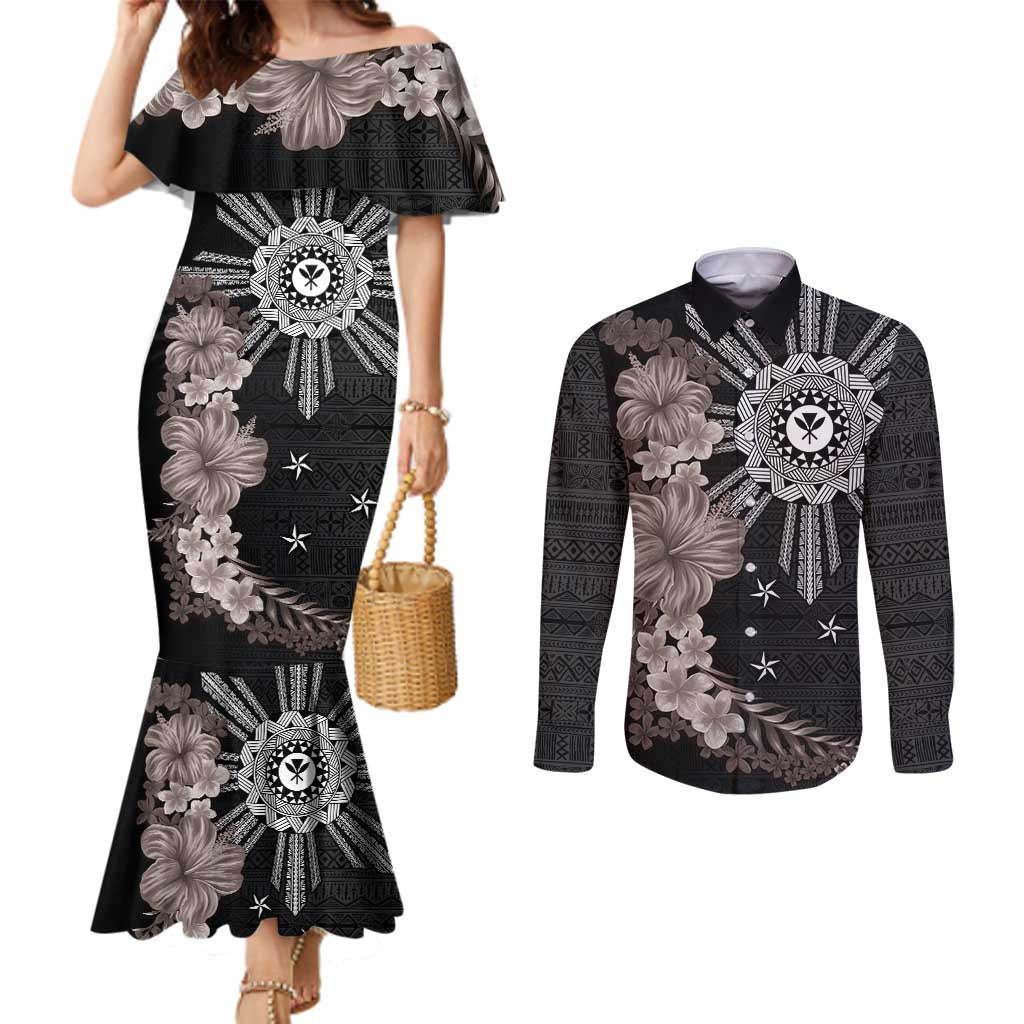 Hawaii and Philippines Together Couples Matching Mermaid Dress and Long Sleeve Button Shirt Hibiscus Flower and Sun Badge Polynesian Pattern Grayscale LT03 Black - Polynesian Pride