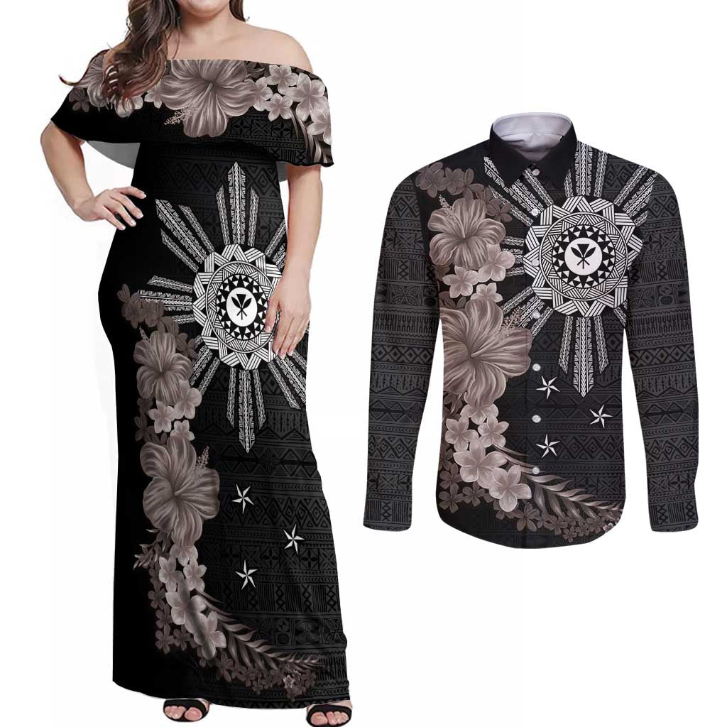 Hawaii and Philippines Together Couples Matching Off Shoulder Maxi Dress and Long Sleeve Button Shirt Hibiscus Flower and Sun Badge Polynesian Pattern Grayscale LT03 Black - Polynesian Pride