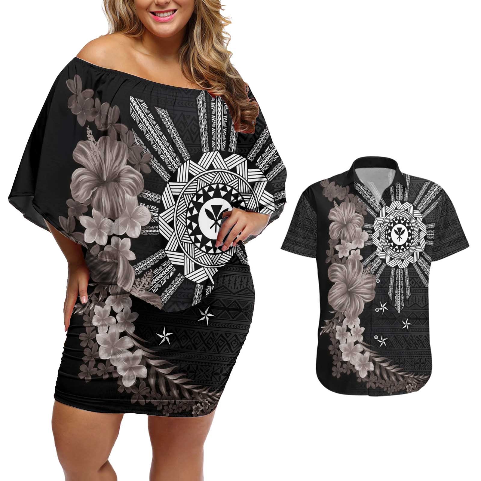 Hawaii and Philippines Together Couples Matching Off Shoulder Short Dress and Hawaiian Shirt Hibiscus Flower and Sun Badge Polynesian Pattern Grayscale LT03 Black - Polynesian Pride