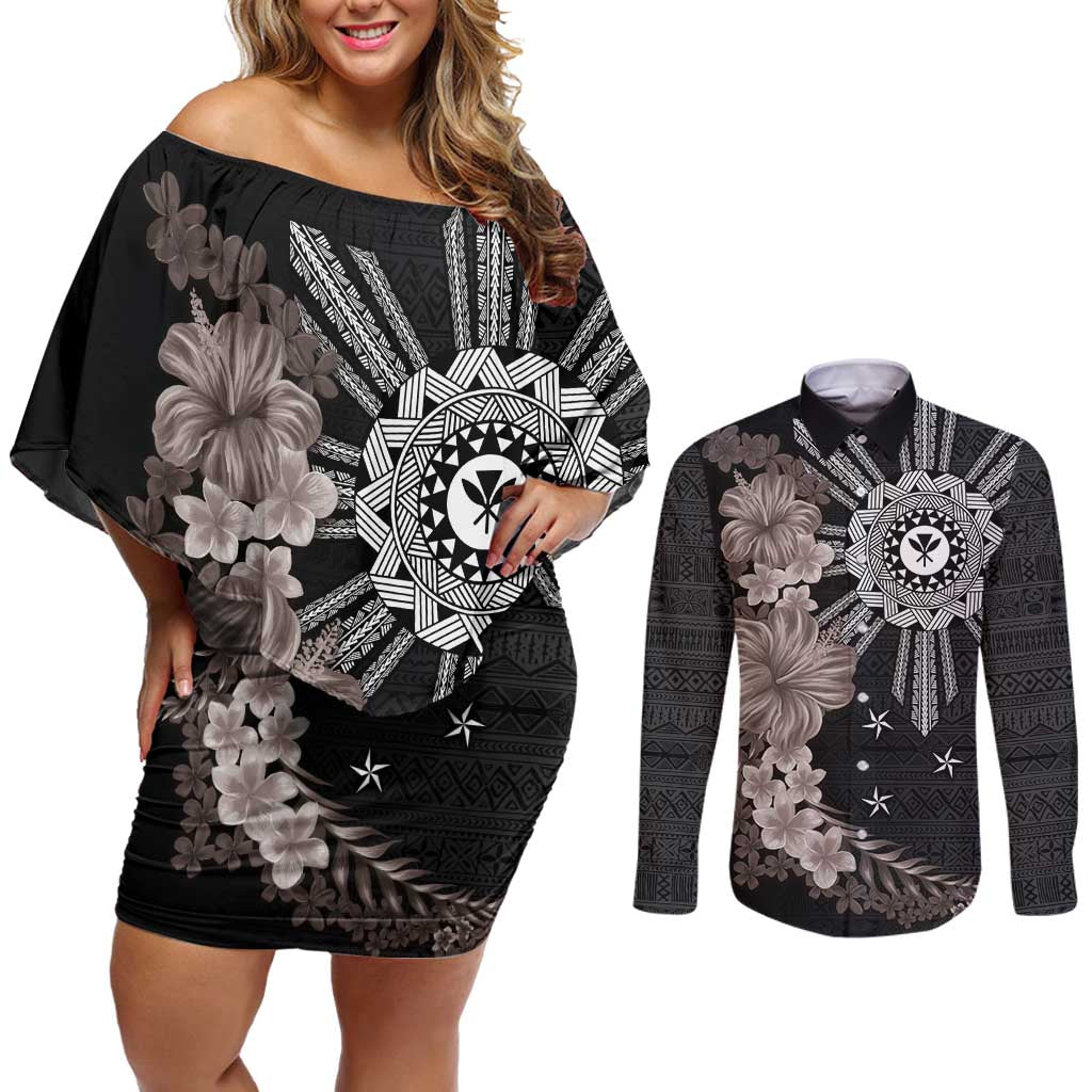 Hawaii and Philippines Together Couples Matching Off Shoulder Short Dress and Long Sleeve Button Shirt Hibiscus Flower and Sun Badge Polynesian Pattern Grayscale LT03 Black - Polynesian Pride