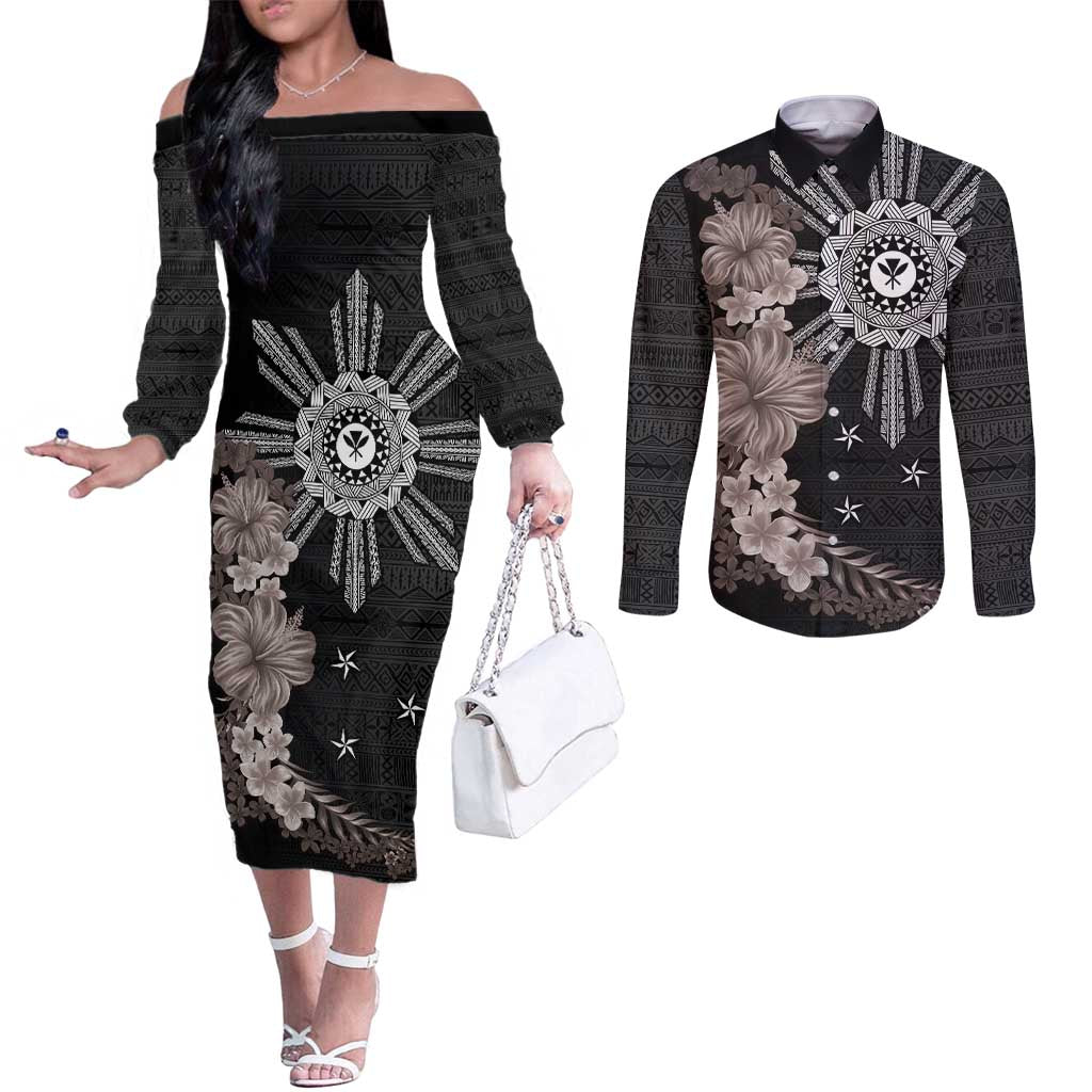 Hawaii and Philippines Together Couples Matching Off The Shoulder Long Sleeve Dress and Long Sleeve Button Shirt Hibiscus Flower and Sun Badge Polynesian Pattern Grayscale LT03 Black - Polynesian Pride