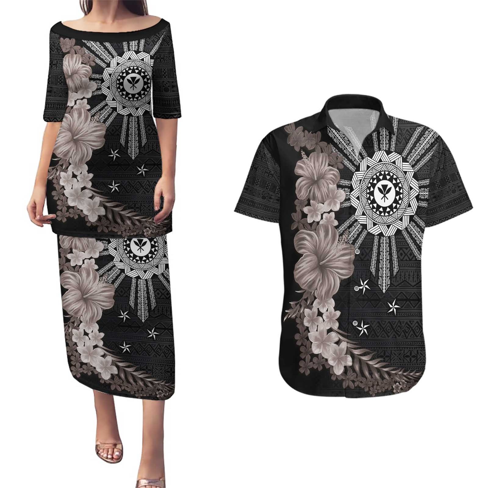 Hawaii and Philippines Together Couples Matching Puletasi and Hawaiian Shirt Hibiscus Flower and Sun Badge Polynesian Pattern Grayscale LT03 Black - Polynesian Pride