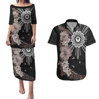 Hawaii and Philippines Together Couples Matching Puletasi and Hawaiian Shirt Hibiscus Flower and Sun Badge Polynesian Pattern Grayscale