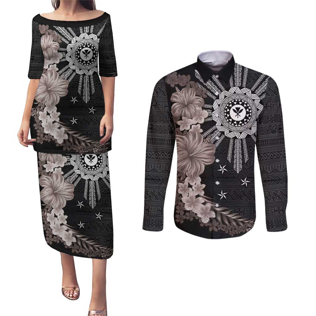 Hawaii and Philippines Together Couples Matching Puletasi and Long Sleeve Button Shirt Hibiscus Flower and Sun Badge Polynesian Pattern Grayscale LT03 Black - Polynesian Pride