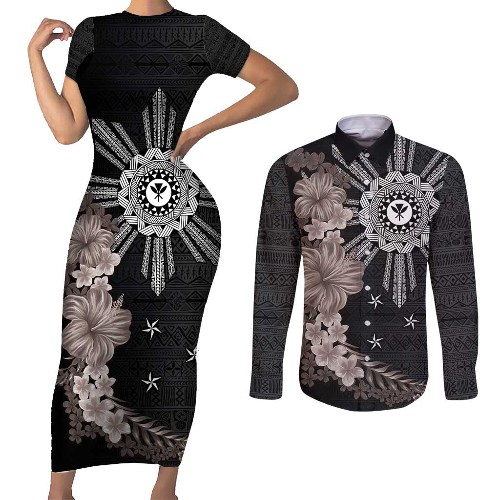 Hawaii and Philippines Together Couples Matching Short Sleeve Bodycon Dress and Long Sleeve Button Shirt Hibiscus Flower and Sun Badge Polynesian Pattern Grayscale