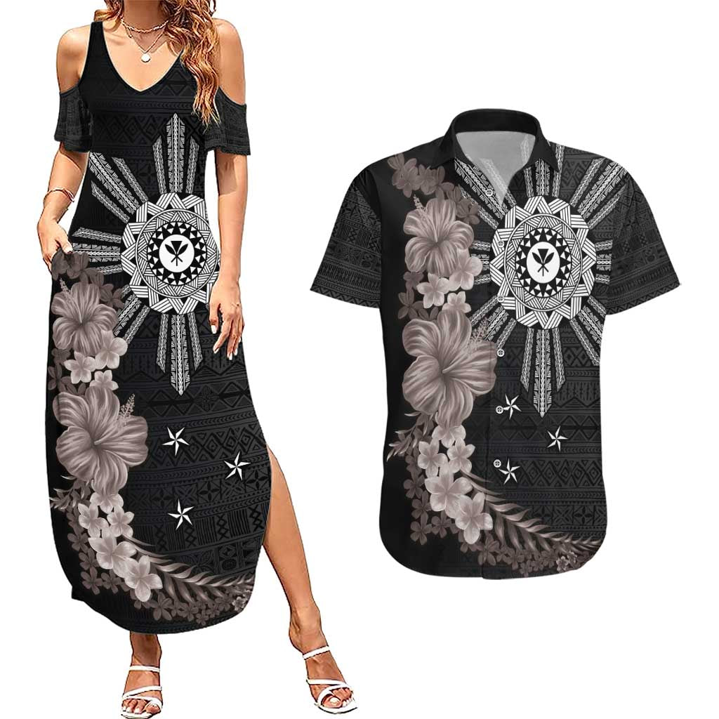 Hawaii and Philippines Together Couples Matching Summer Maxi Dress and Hawaiian Shirt Hibiscus Flower and Sun Badge Polynesian Pattern Grayscale LT03 Black - Polynesian Pride