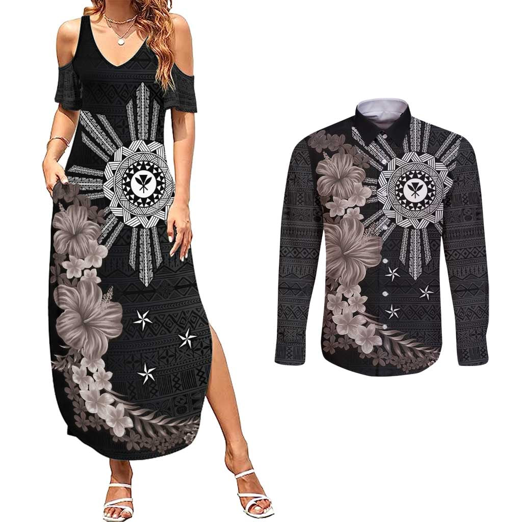Hawaii and Philippines Together Couples Matching Summer Maxi Dress and Long Sleeve Button Shirt Hibiscus Flower and Sun Badge Polynesian Pattern Grayscale LT03 Black - Polynesian Pride