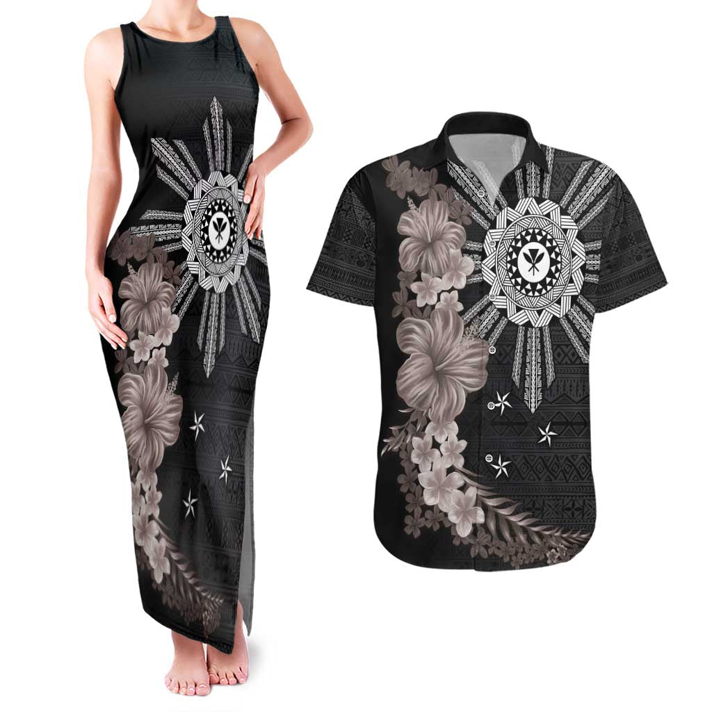 Hawaii and Philippines Together Couples Matching Tank Maxi Dress and Hawaiian Shirt Hibiscus Flower and Sun Badge Polynesian Pattern Grayscale LT03 Black - Polynesian Pride