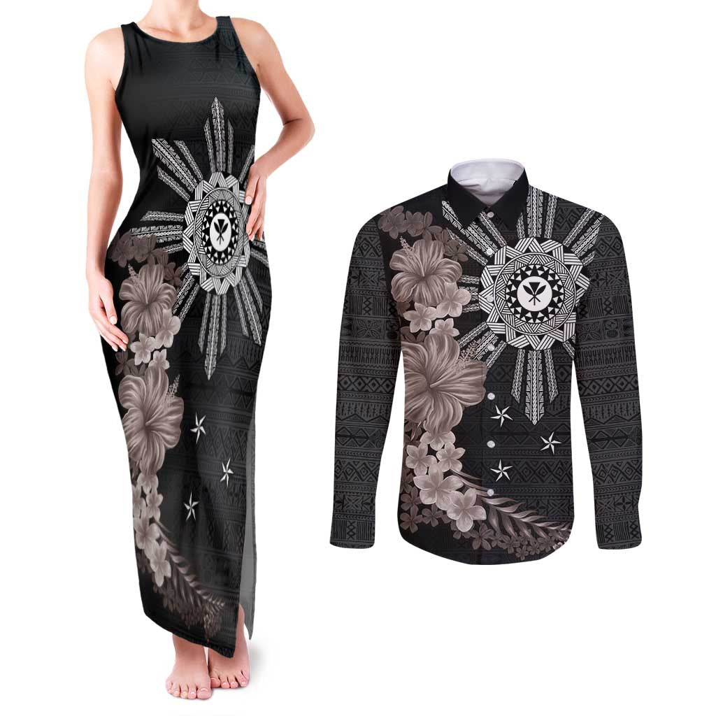 Hawaii and Philippines Together Couples Matching Tank Maxi Dress and Long Sleeve Button Shirt Hibiscus Flower and Sun Badge Polynesian Pattern Grayscale LT03 Black - Polynesian Pride