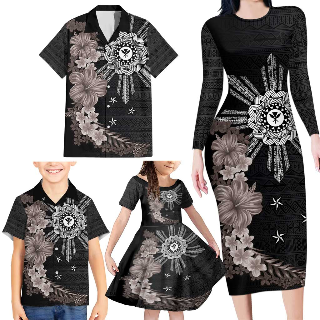 Hawaii and Philippines Together Family Matching Long Sleeve Bodycon Dress and Hawaiian Shirt Hibiscus Flower and Sun Badge Polynesian Pattern Grayscale LT03 - Polynesian Pride