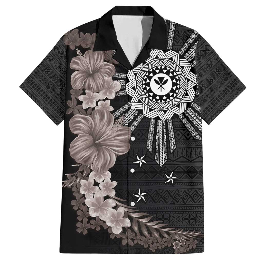 Hawaii and Philippines Together Family Matching Long Sleeve Bodycon Dress and Hawaiian Shirt Hibiscus Flower and Sun Badge Polynesian Pattern Grayscale LT03 Dad's Shirt - Short Sleeve Black - Polynesian Pride