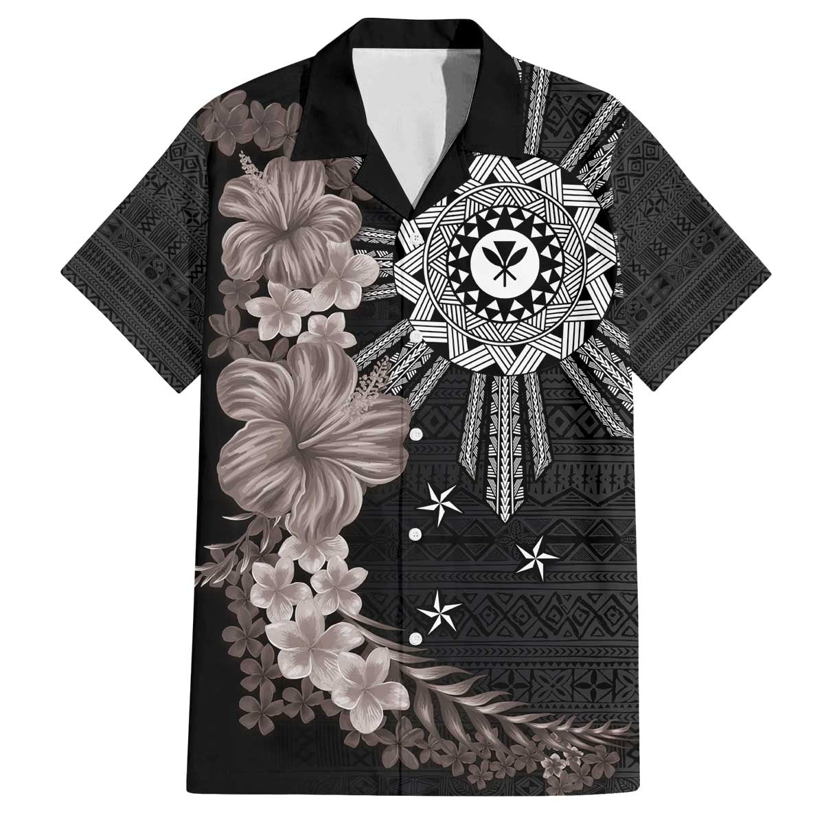 Hawaii and Philippines Together Family Matching Off The Shoulder Long Sleeve Dress and Hawaiian Shirt Hibiscus Flower and Sun Badge Polynesian Pattern Grayscale LT03 Dad's Shirt - Short Sleeve Black - Polynesian Pride