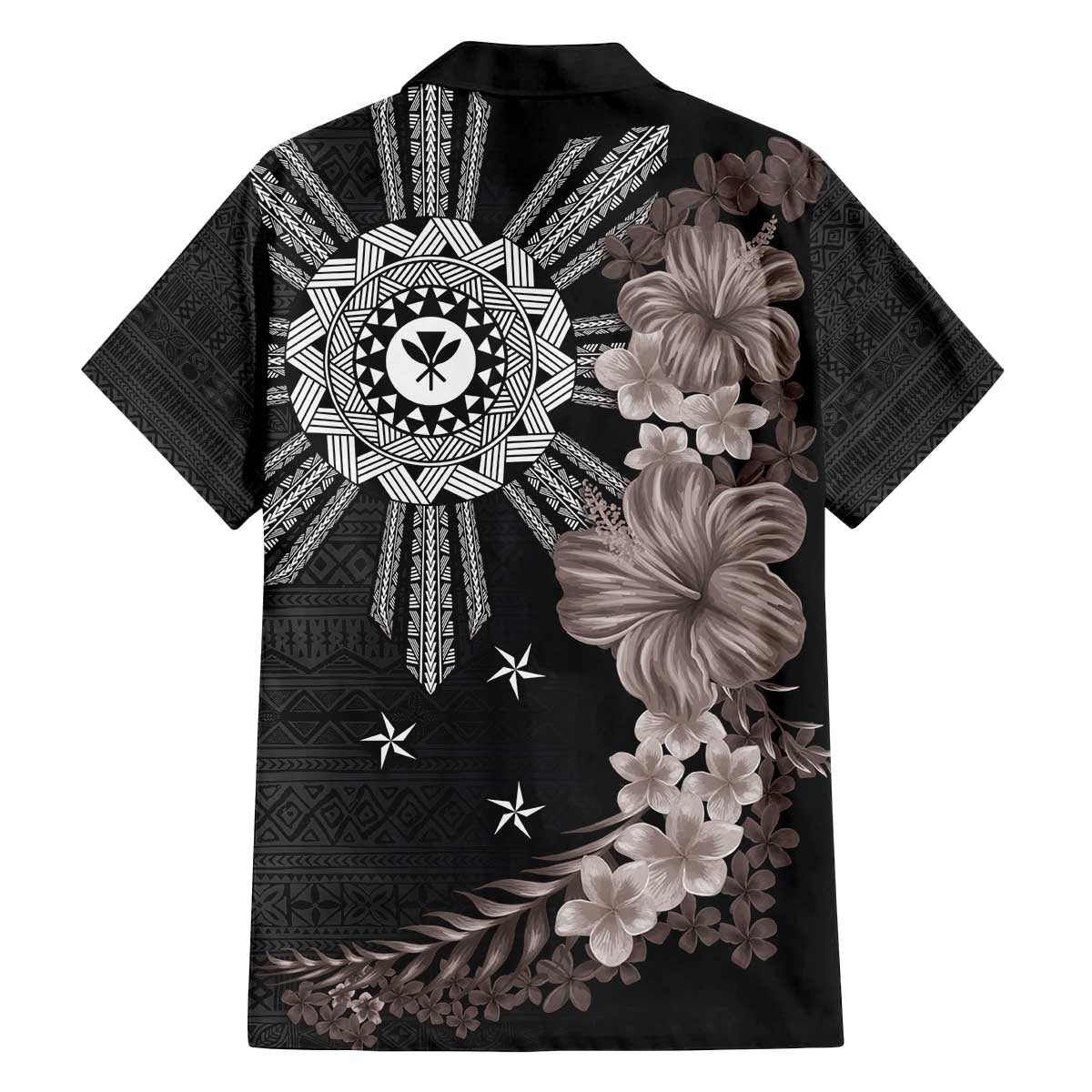 Hawaii and Philippines Together Family Matching Off The Shoulder Long Sleeve Dress and Hawaiian Shirt Hibiscus Flower and Sun Badge Polynesian Pattern Grayscale LT03 - Polynesian Pride