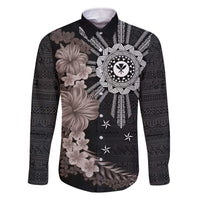 Hawaii and Philippines Together Family Matching Off The Shoulder Long Sleeve Dress and Hawaiian Shirt Hibiscus Flower and Sun Badge Polynesian Pattern Grayscale LT03 Dad's Shirt - Long Sleeve Black - Polynesian Pride