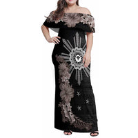Hawaii and Philippines Together Family Matching Off Shoulder Maxi Dress and Hawaiian Shirt Hibiscus Flower and Sun Badge Polynesian Pattern Grayscale