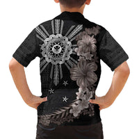 Hawaii and Philippines Together Family Matching Off Shoulder Short Dress and Hawaiian Shirt Hibiscus Flower and Sun Badge Polynesian Pattern Grayscale LT03 - Polynesian Pride