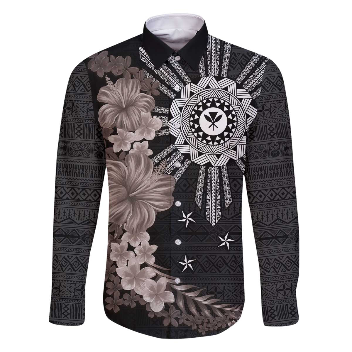 Hawaii and Philippines Together Family Matching Off Shoulder Short Dress and Hawaiian Shirt Hibiscus Flower and Sun Badge Polynesian Pattern Grayscale LT03 Dad's Shirt - Long Sleeve Black - Polynesian Pride
