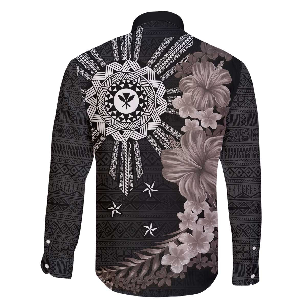 Hawaii and Philippines Together Family Matching Off Shoulder Short Dress and Hawaiian Shirt Hibiscus Flower and Sun Badge Polynesian Pattern Grayscale LT03 - Polynesian Pride